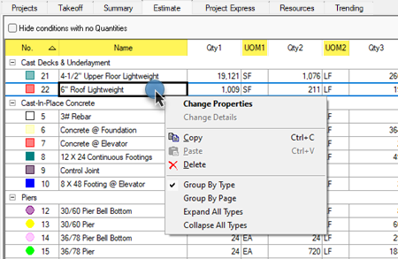 Worksheet tab condition information column context menu
