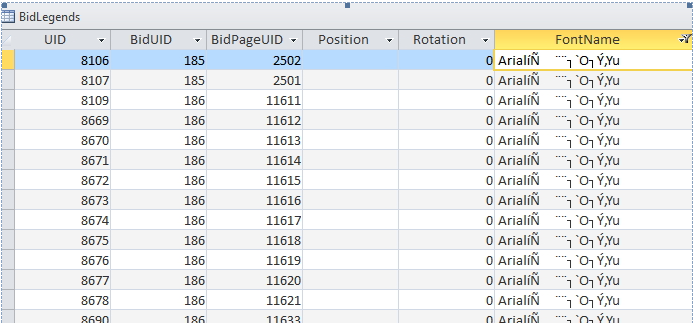 On-Screen Takeoff database opened in Access to search for corrupted font names