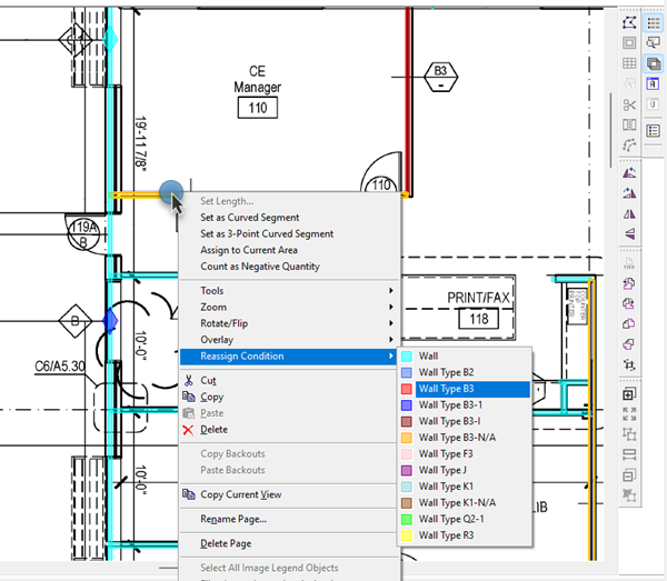 On-Screen Takeoff Image Window showing the takeoff Context Menu with the Reassign Condition pick-list open