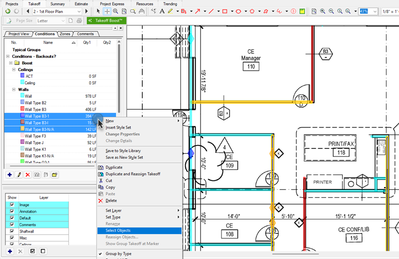 On-Screen Takeoff Condition Window showing multiple Conditions selected