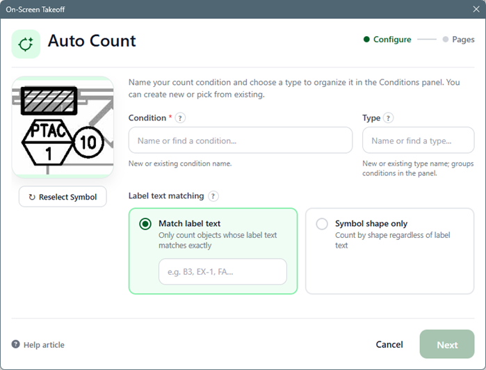 Takeoff Boost Auto Count dialog box - Step 1 screen