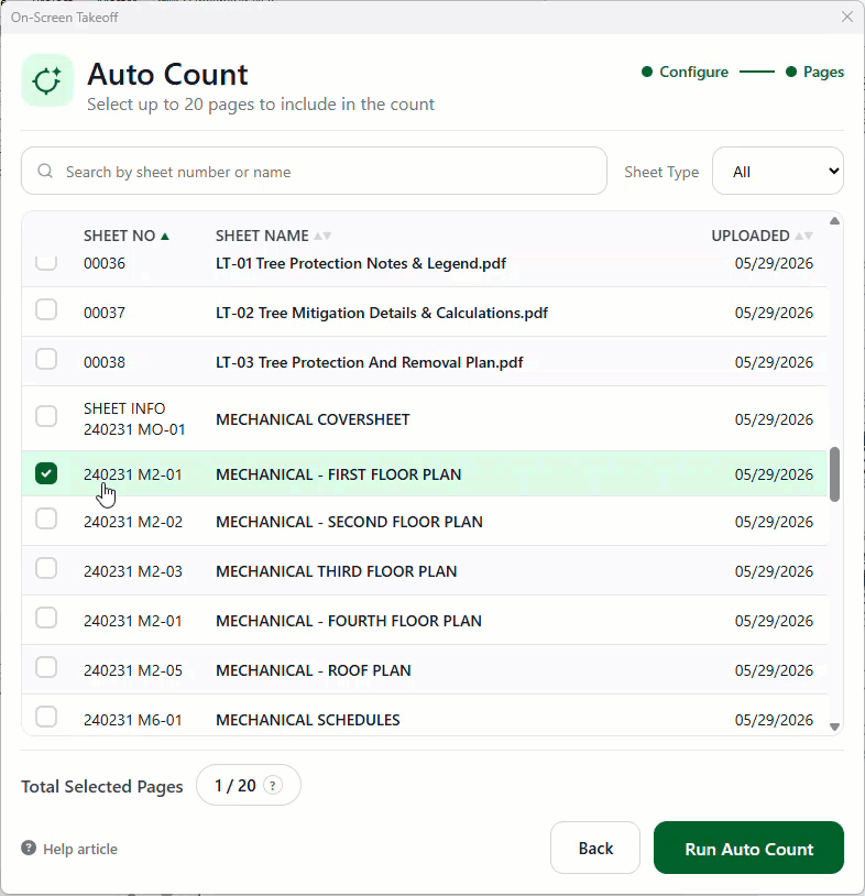 Takeoff Boost Auto Count dialog box - Step 2 Selecting Pages