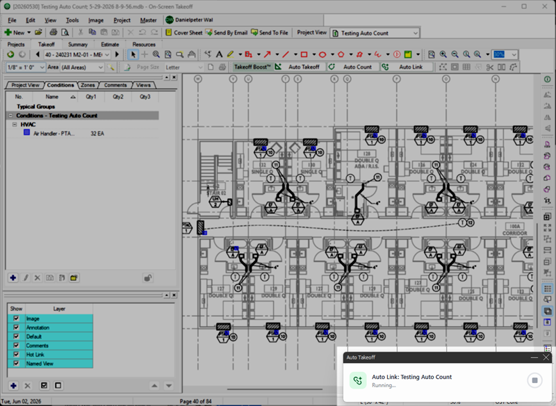 On-Screen Takeoff showing the Auto Link progress pop-up