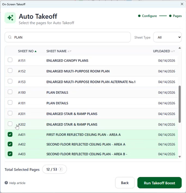 Auto Takeoff Select Pages screen