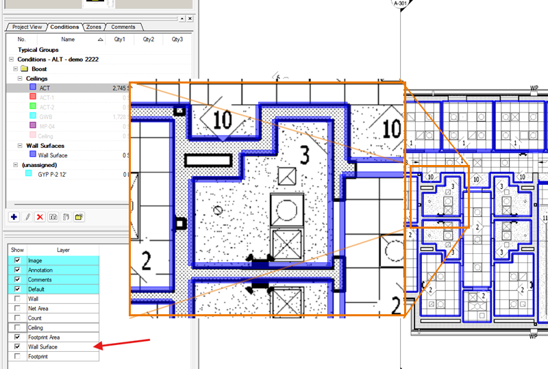 On-Screen Takeoff’s Takeoff Boost takes off both sides of interior walls as Wall Surface Area.
