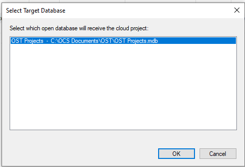 On-Screen Takeoff Cloud Sync - select database dialog box