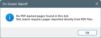 On-Screen Takeoff Find Text cannot run error message