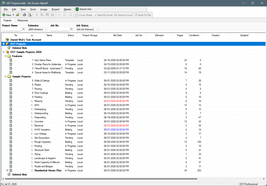 On-Screen Takeoff Projects Tab
