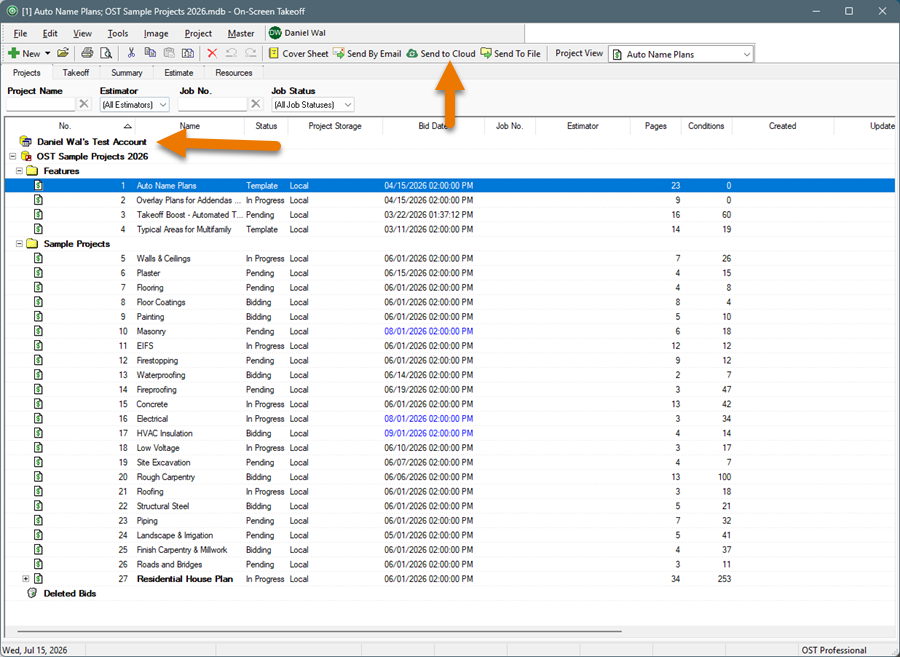 On-Screen Takeoff Projects Tab highlighting CloudSync