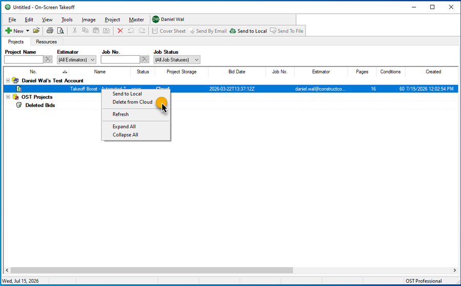 On-Screen Takeoff Projects Tab context menu highlighting Delete from Cloud