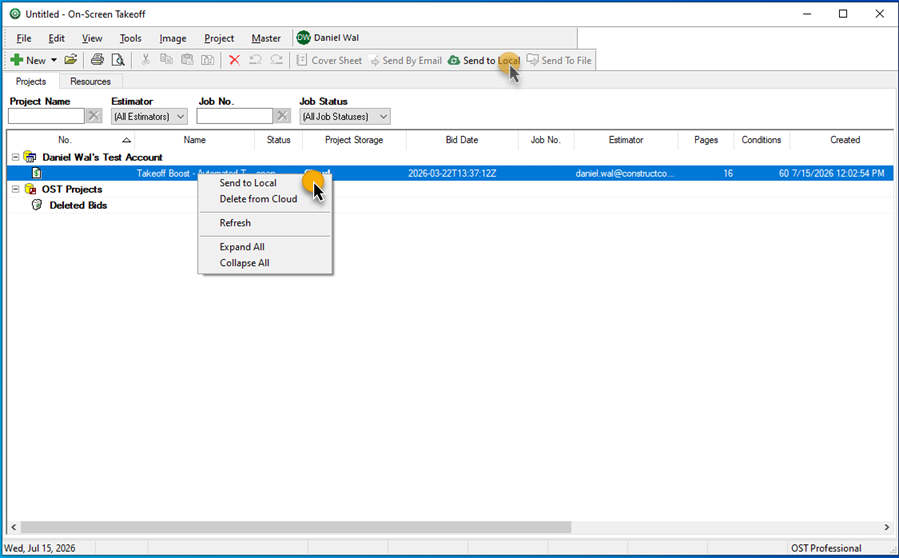 On-Screen Takeoff Projects Tab context menu highlighting Send to Local