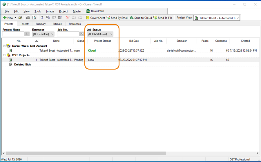 On-Screen Takeoff Projects Tab location column