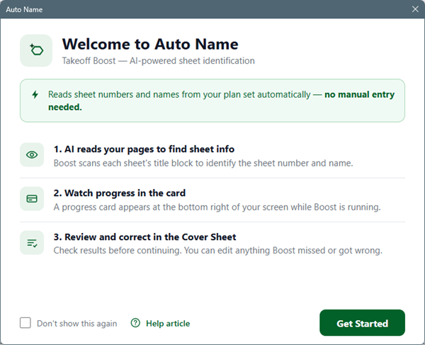 Takeoff Boost Auto Name welcome screen