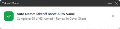 Takeoff Boost Auto Name pop-up showing progress - complete