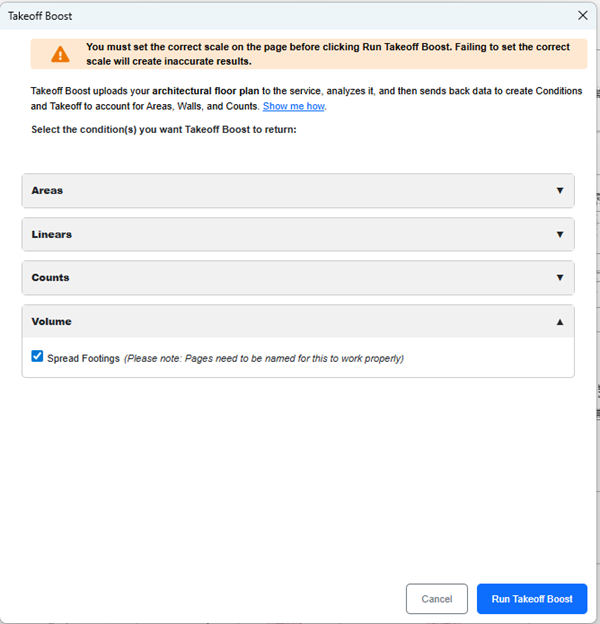 Takeoff Boost dialog box showing Concrete footing (Volume) option