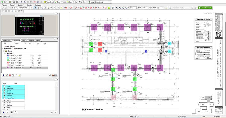 On-Screen Takeoff showing Takeoff Boost concrete spreader footings takeoff