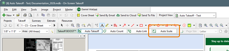 On-Screen Takeoff's Takeoff BOOST toolbar highlighting the Auto Scale button