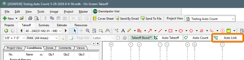 Takeoff Boost toolbar highlighting the Auto Link button