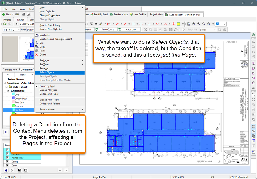On-Screen Takeoff Condition context menu - select objects highlighted