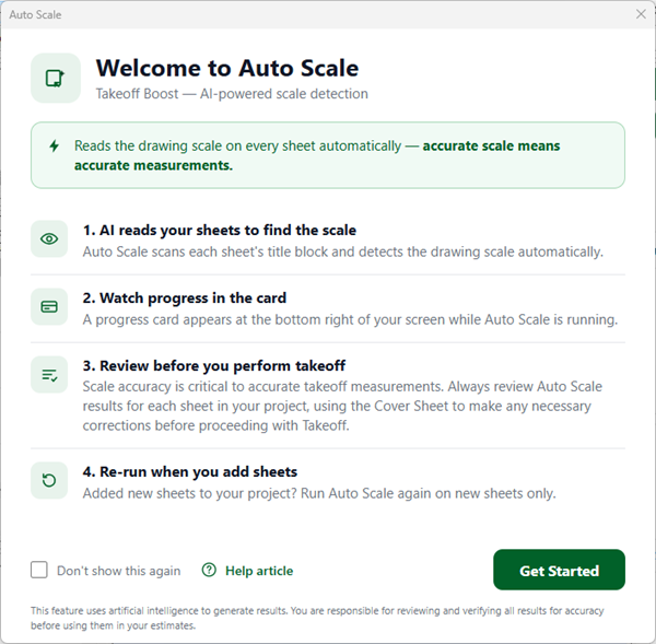 Takeoff BOOST Auto Scale welcome dialog