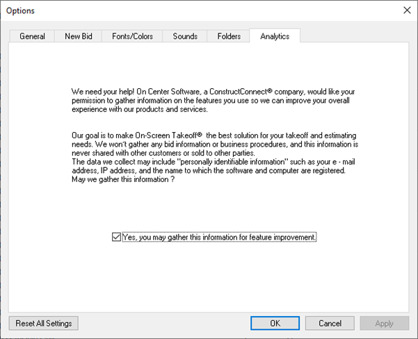 On-Screen Takeoff Options dialog box Analytics tab
