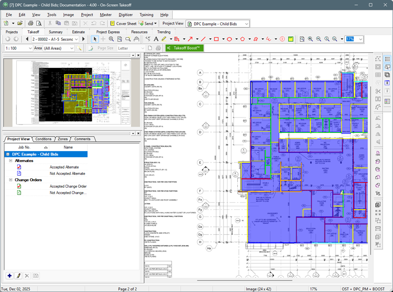On-Screen Takeoff Projects View tab showing accepted and unaccepted child bids