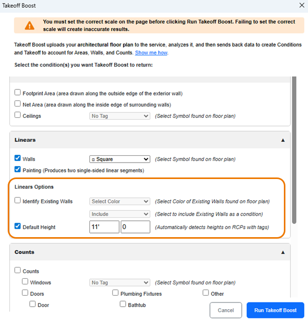 Takeoff Boost dialog box showing Linear Height options