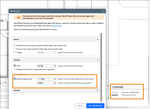 On-Screen Takeoff's Takeoff Boost dialog box showing the existing walls color options