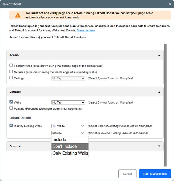On-Screen Takeoff's Takeoff Boost dialog box showing the existing walls options