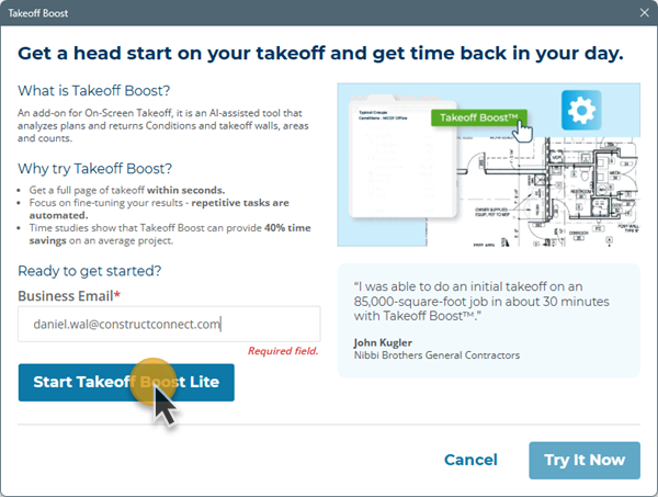 Takeoff Boost Lite activation window with email address field