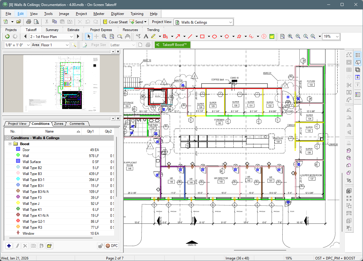 On-Screen Takeoff’s Takeoff Boost takes off both sides of interior walls as Wall Surface Area.