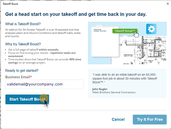 Takeoff Boost Trial activation window with email address field