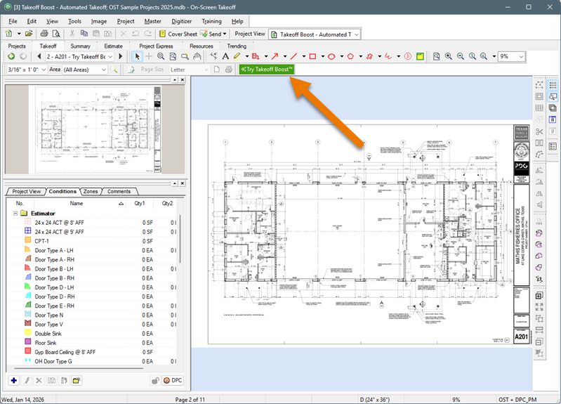 On-Screen Takeoff's Takeoff Tab with the Try Takeoff Boost button pointed out