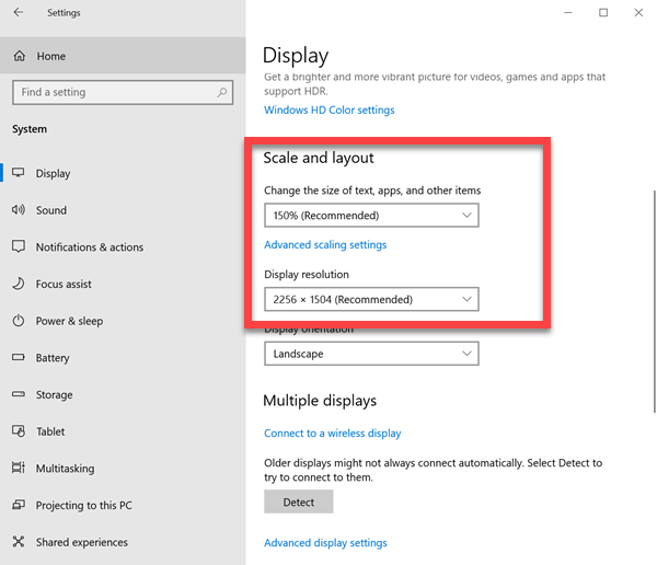 Windows Display Settings - Scale and Layout at custom percentage, not 100%