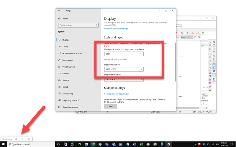 Windows Settings - Display Scale and Layout - OST View Window visible when scale set to 100%