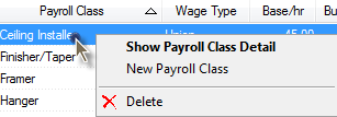 Quick Bid Payroll Class context menu when right-click on a payroll class