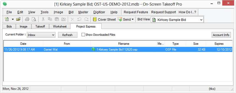 Project Express outbox showing one file that has not been sent yet