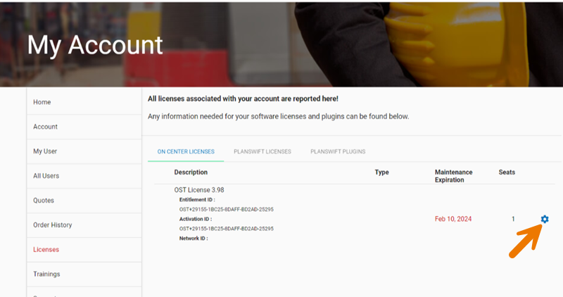 My Account portal showing licenses and gear icon highlighted