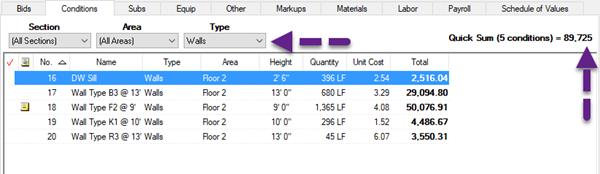Quick Bid Conditions Tab filtered to show only Conditions with a Condition Type of Walls