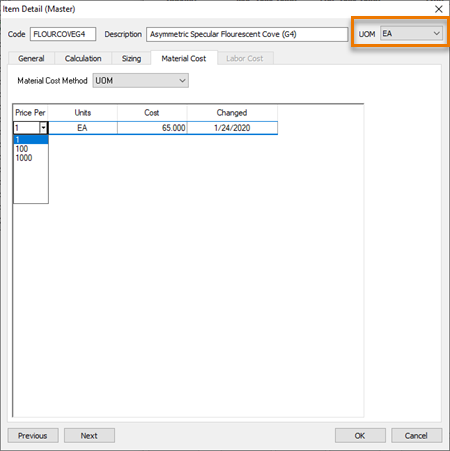 item detail - material priced by UOM - EA