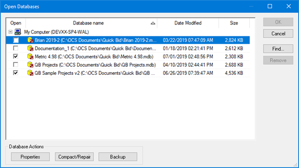 You can access the Compact and Repair utility in the Quick Bid Open Database dialog box