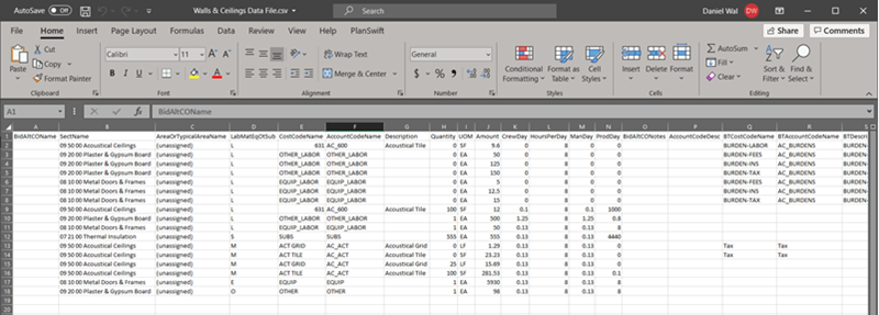 Job Data File opened in Excel