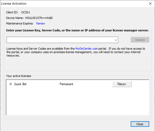 QB License Activation dialog box - renew link