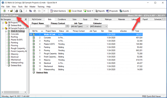 Quick Bid Bids Tab shows the bid name and the bid total above the bid grid