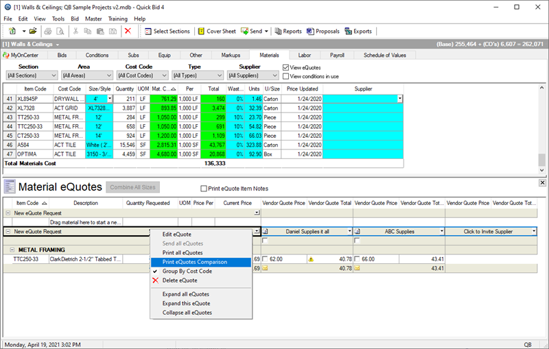 Select Print eQuote Comparison from the drop-down menu