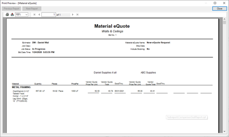 eQuotes Comparison Report