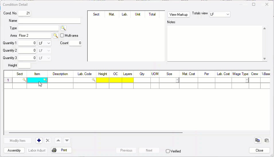 Quick Bid Condition Detail showing an Item with Chained Items added to the items grid but before hitting enter