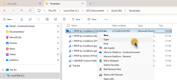 Opening a Quick Bid template from Windows Explorer