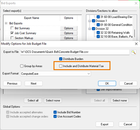 Job Budget Export - Include and Distribute Material Tax?