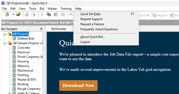 Quick Bid help menu showing logout option